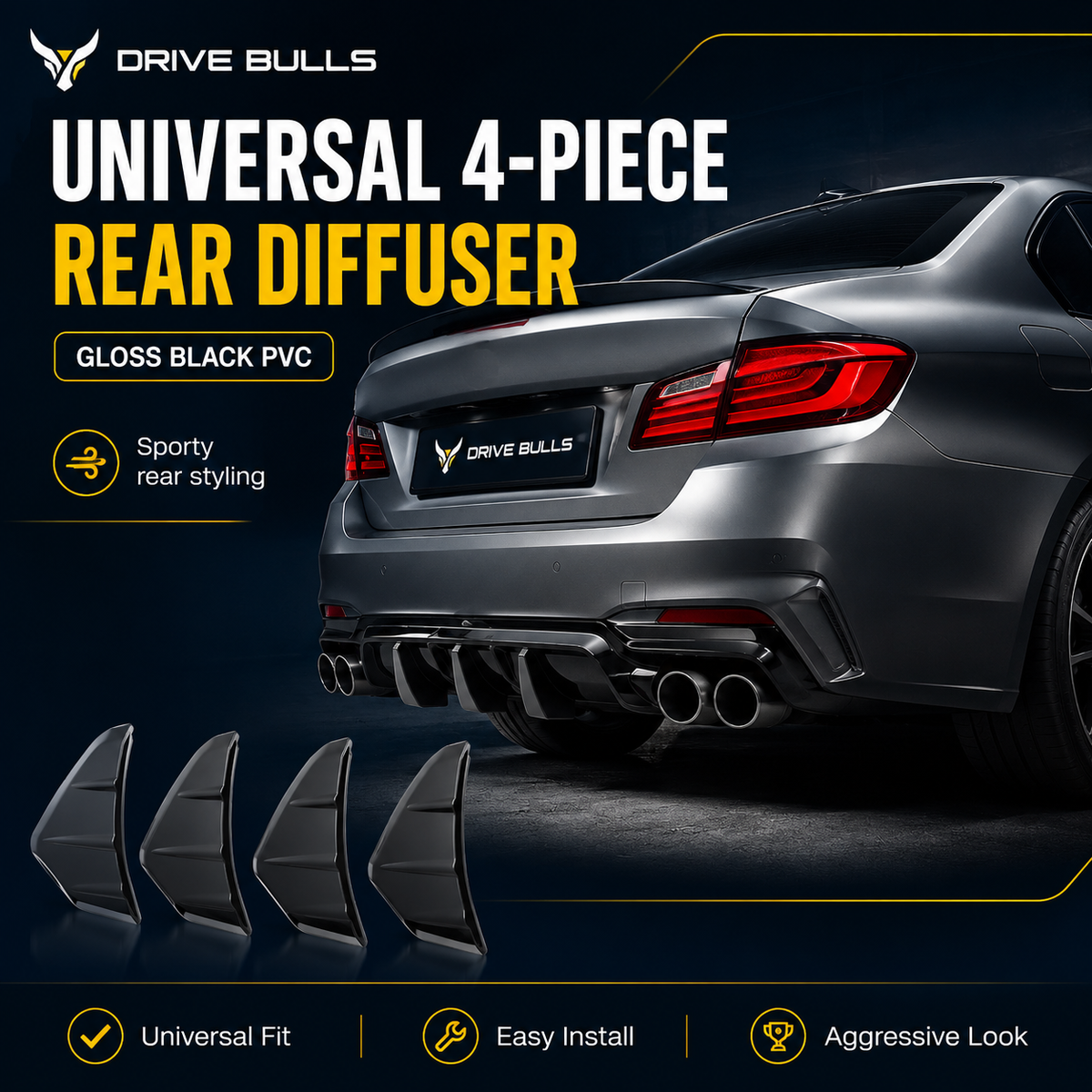 Universal 4-Piece Rear Diffuser | Gloss Black PVC