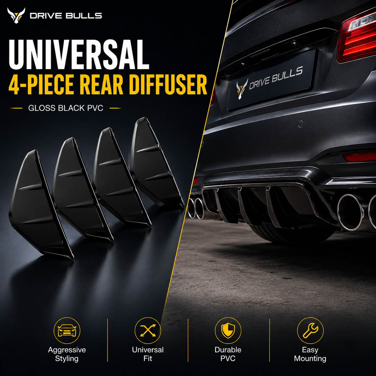 Universal 4-Piece Rear Diffuser | Gloss Black PVC