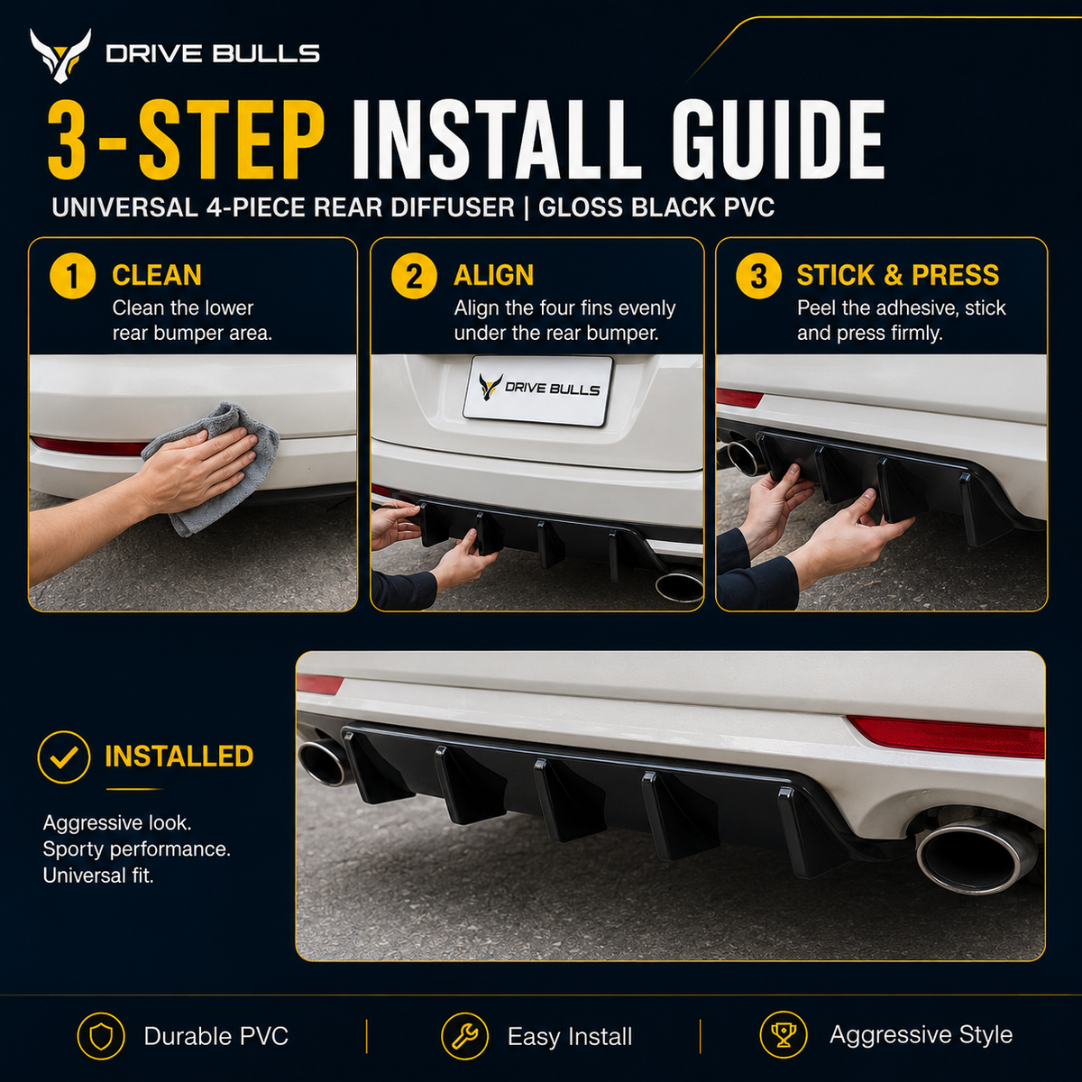 Universal 4-Piece Rear Diffuser | Gloss Black PVC