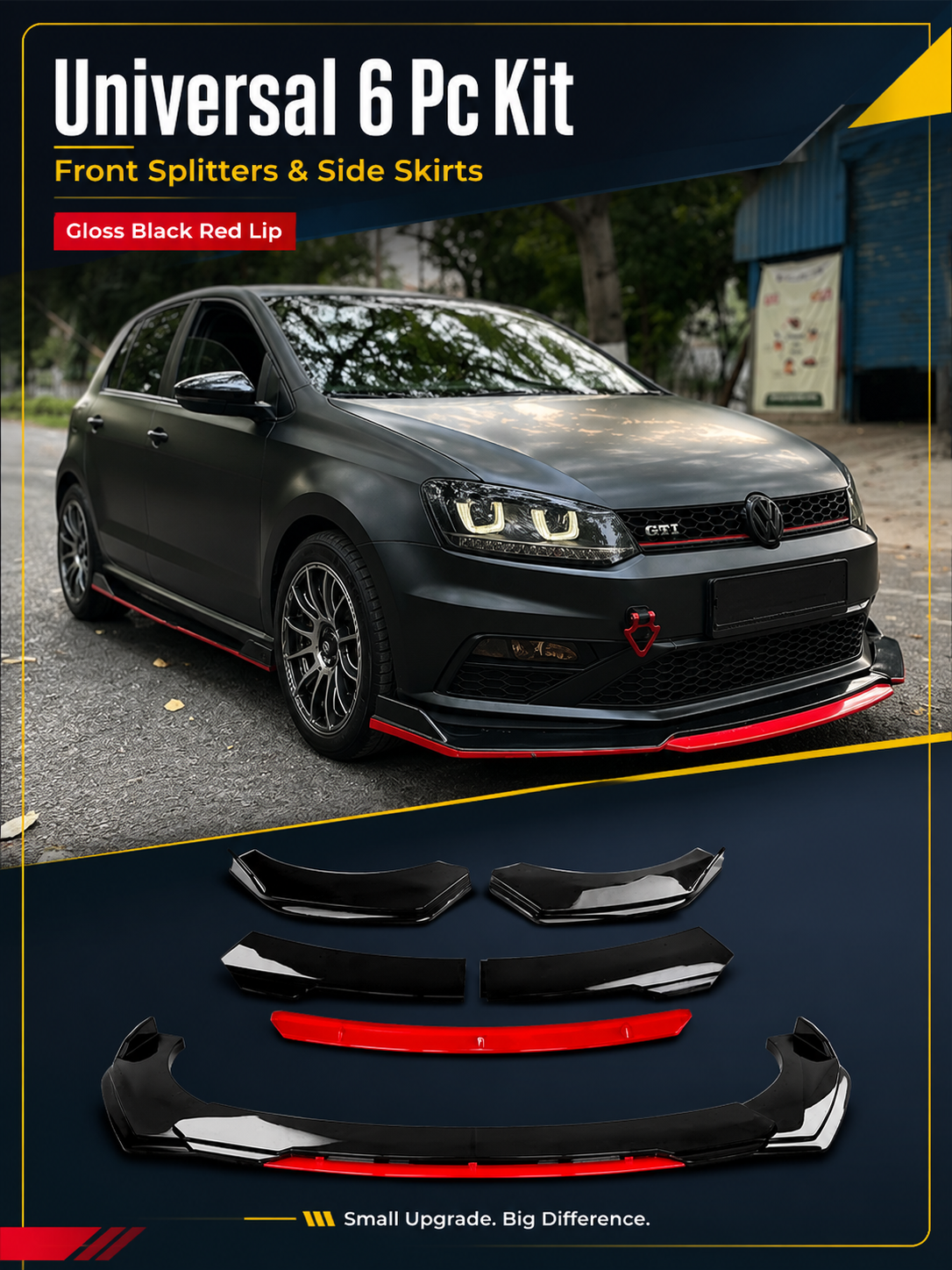 Universal 6 Pc Front Splitters & Side Skirts Kit | Gloss Black Red Lip Styling Kit