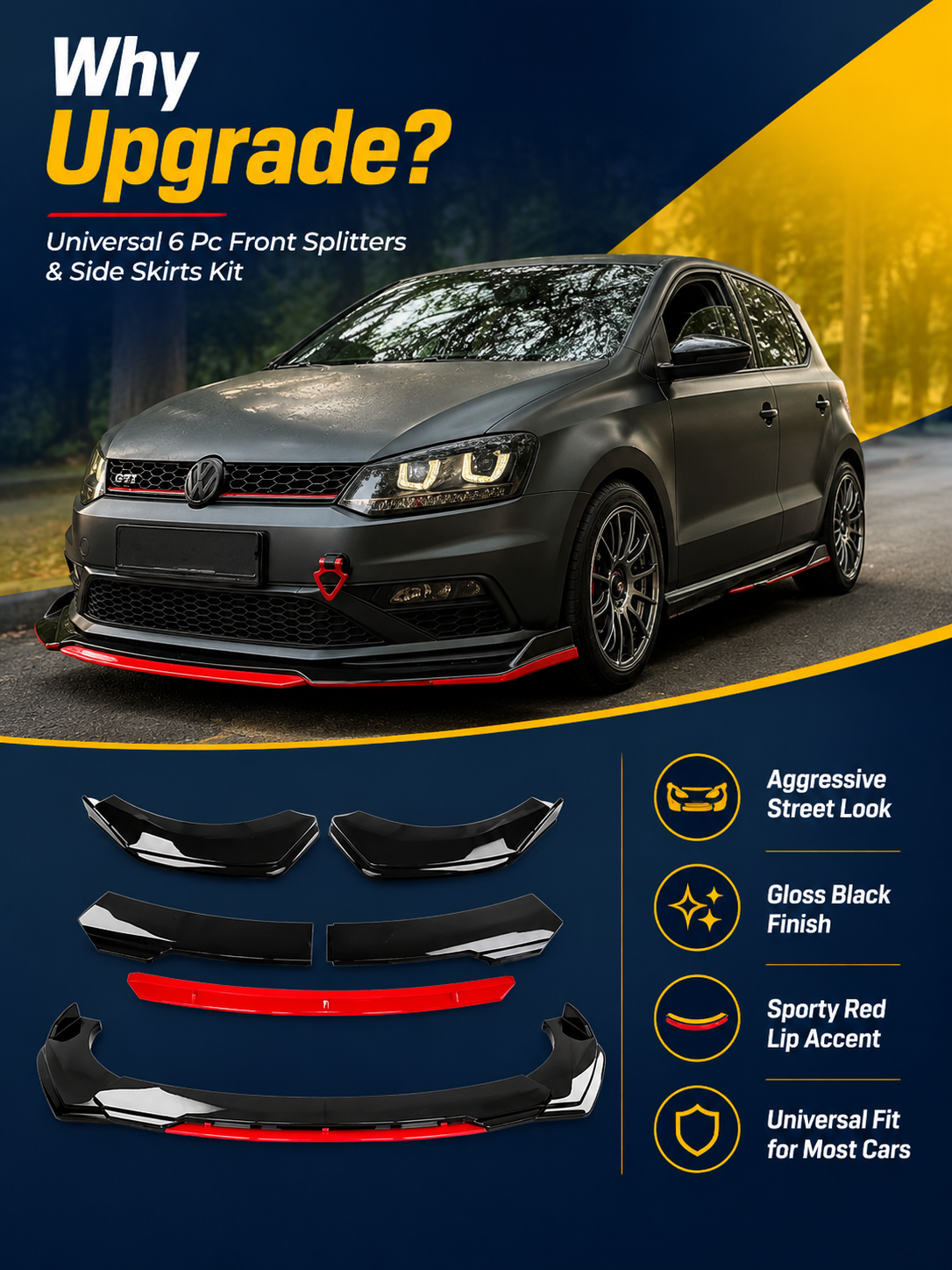 Universal 6 Pc Front Splitters & Side Skirts Kit | Gloss Black Red Lip Styling Kit
