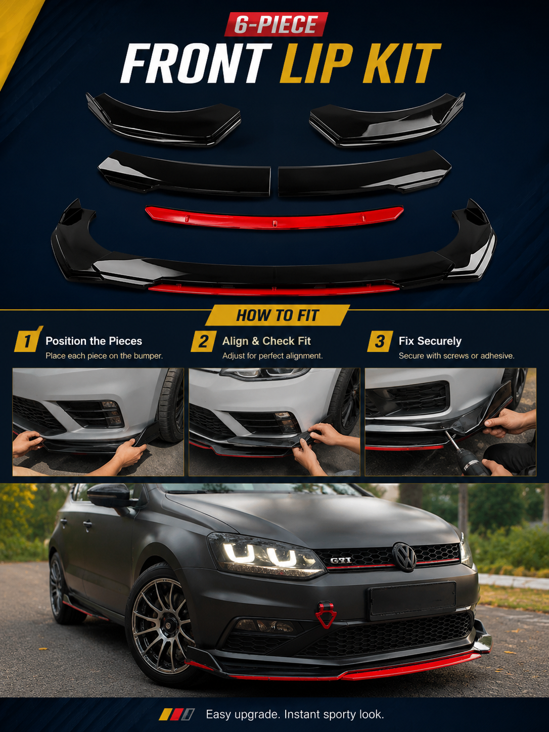 Universal 6 Pc Front Splitters & Side Skirts Kit | Gloss Black Red Lip Styling Kit