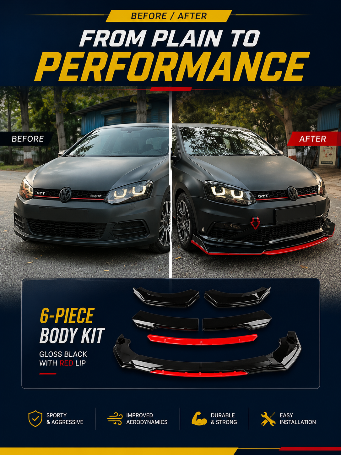 Universal 6 Pc Front Splitters & Side Skirts Kit | Gloss Black Red Lip Styling Kit