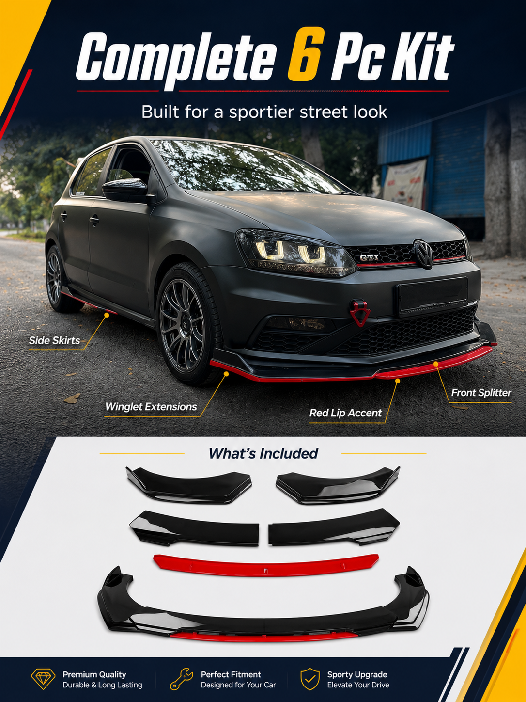 Universal 6 Pc Front Splitters & Side Skirts Kit | Gloss Black Red Lip Styling Kit
