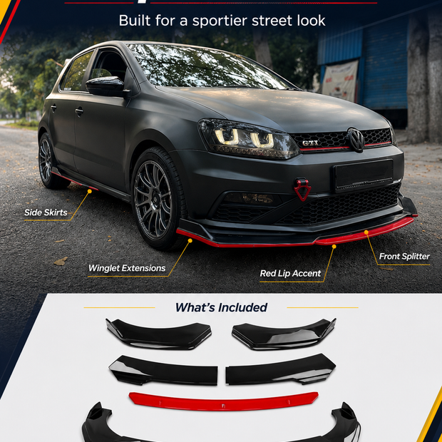 Universal 6 Pc Front Splitters & Side Skirts Kit | Gloss Black Red Lip Styling Kit