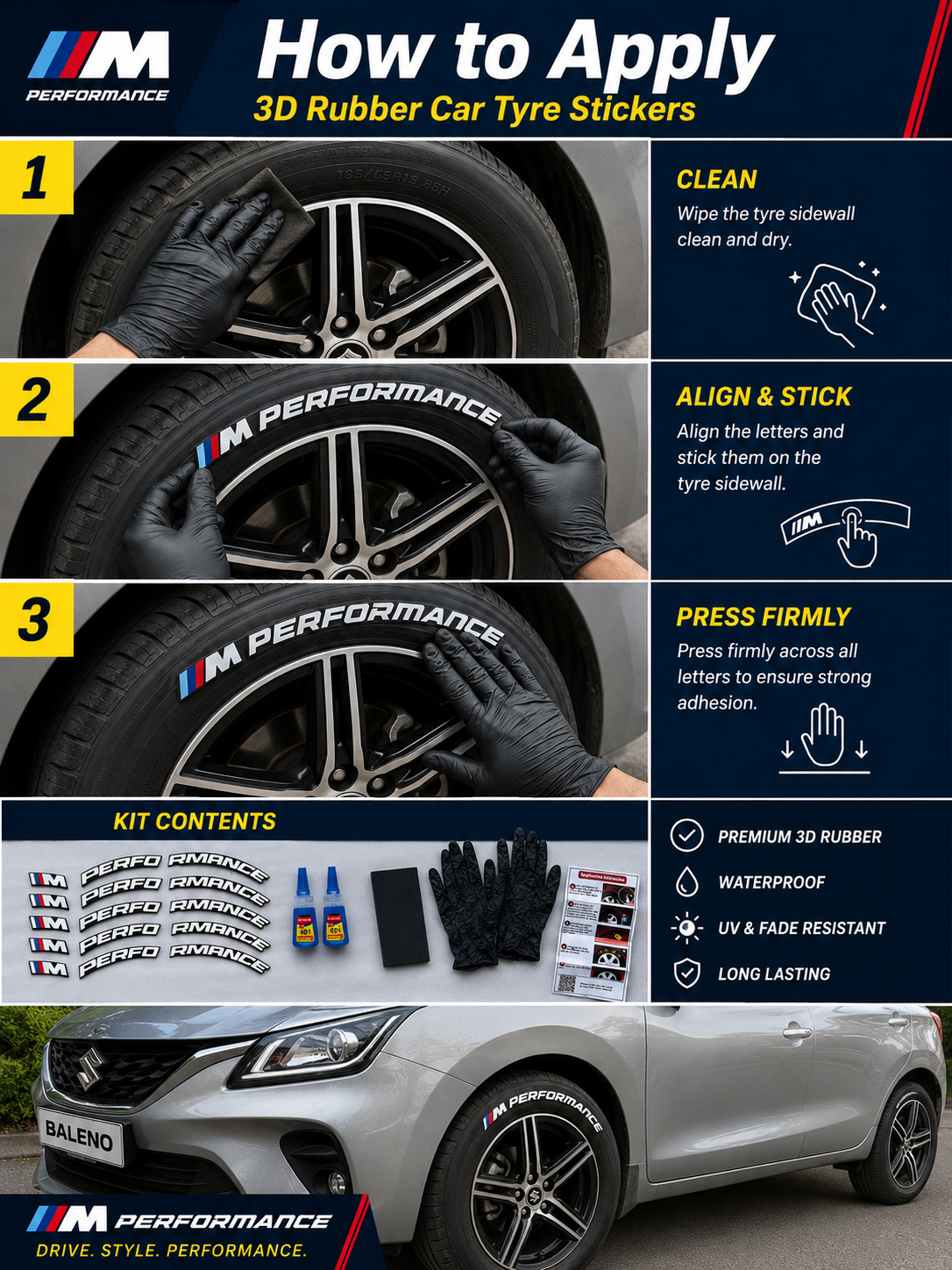 3D Rubber Car Tyre Stickers Set of 4 | Universal Tyre Lettering Kit