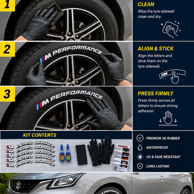 3D Rubber Car Tyre Stickers Set of 4 | Universal Tyre Lettering Kit