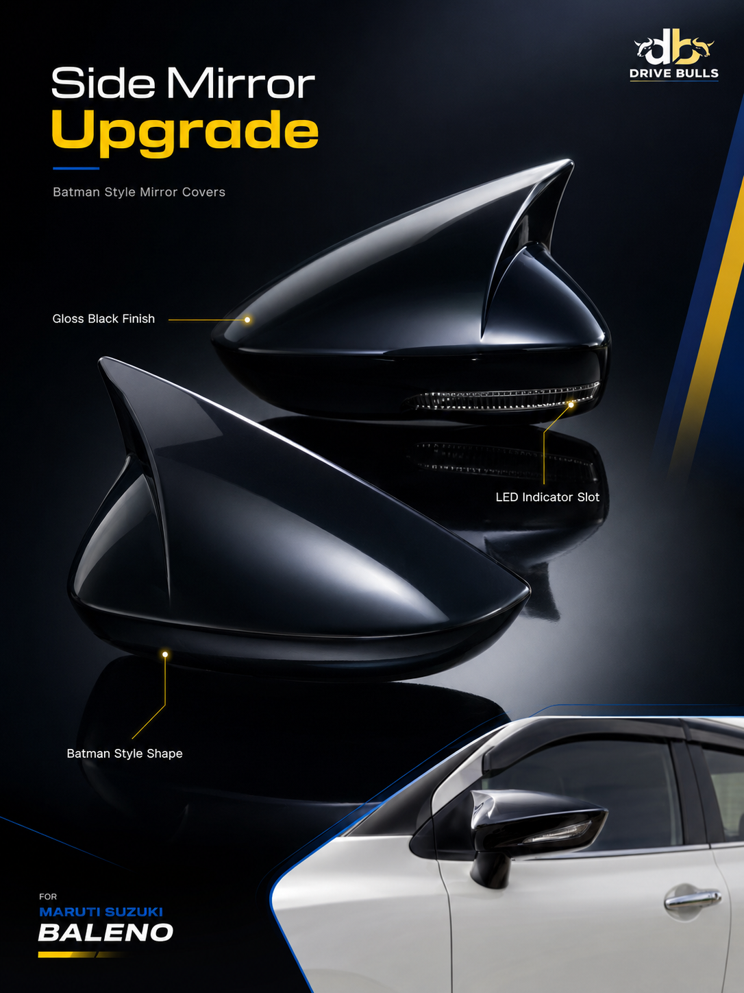 Batman Style Side Mirror Covers with LED Indicator for VW Polo, Vento & Ameo | Gloss Black