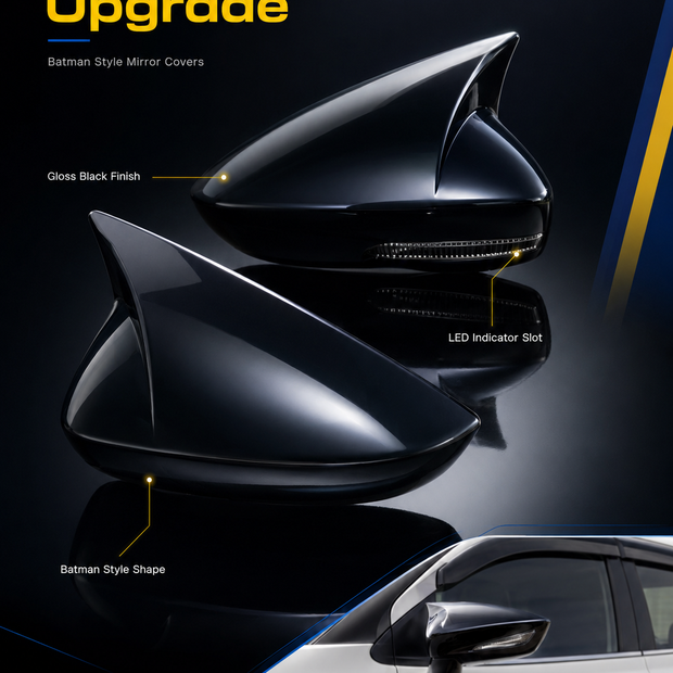 Batman Style Side Mirror Covers with LED Indicator for VW Polo, Vento & Ameo | Gloss Black