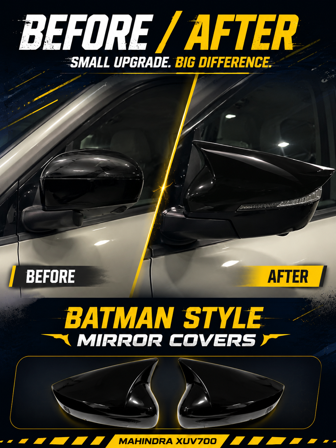 Batman Style Side Mirror Covers with LED Indicator for VW Polo, Vento & Ameo | Gloss Black
