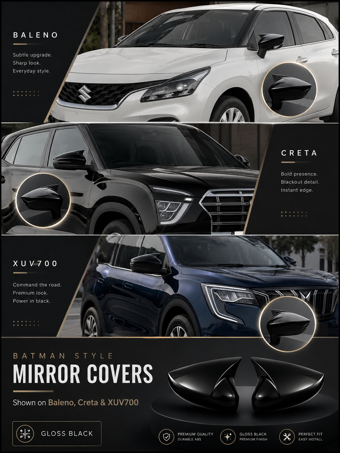Batman Style Side Mirror Covers with LED Indicator for VW Polo, Vento & Ameo | Gloss Black