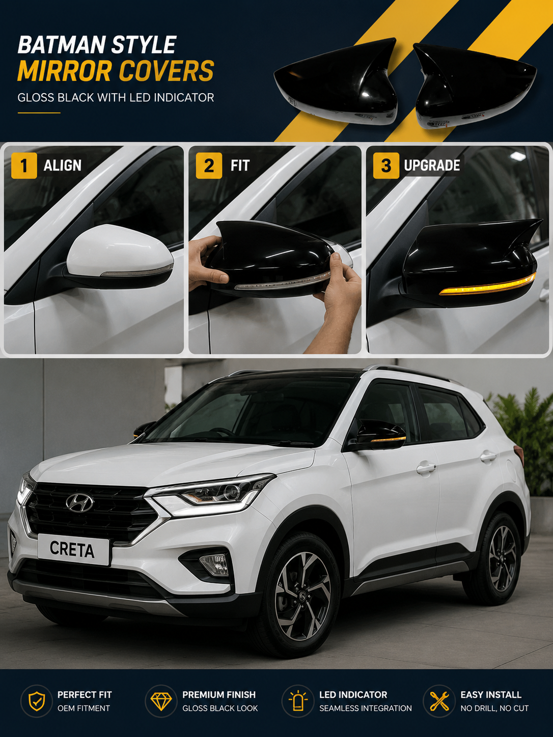 Batman Style Side Mirror Covers with LED Indicator for VW Polo, Vento & Ameo | Gloss Black