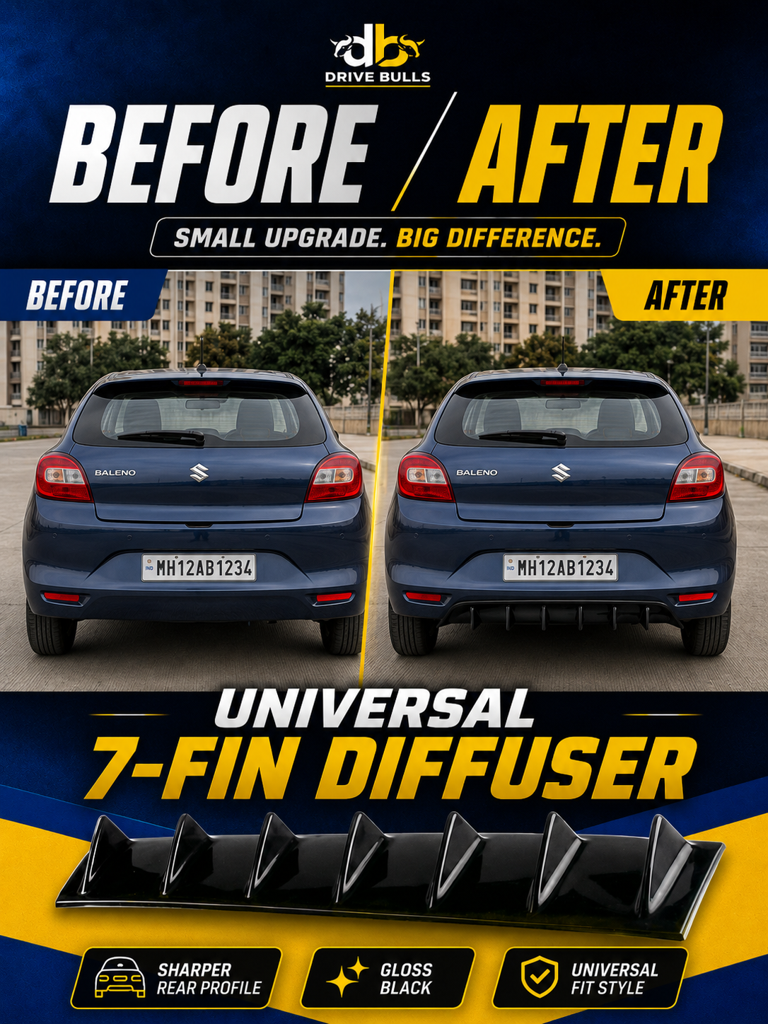 Universal 7-Fin Diffuser | Gloss Black Aerodynamic Body Kit | Universal Car Exterior Styling Accessory