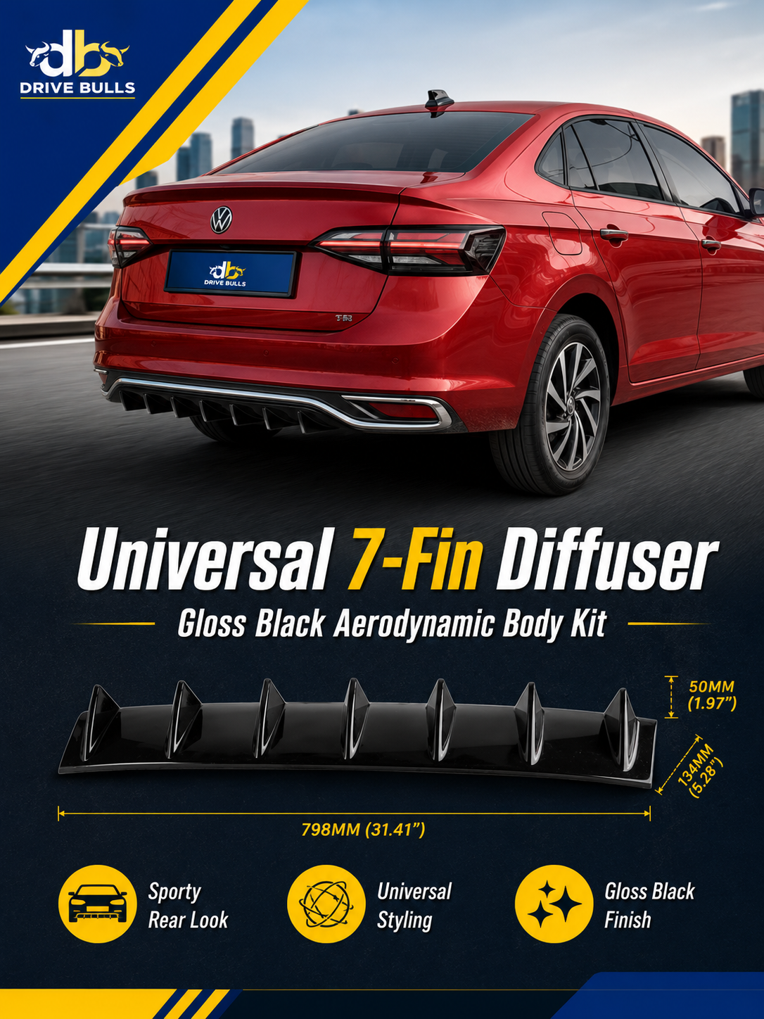 Universal 7-Fin Diffuser | Gloss Black Aerodynamic Body Kit | Universal Car Exterior Styling Accessory