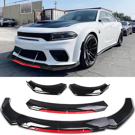 Universal 6 Pc Front Splitters & Side Skirts Kit | Gloss Black Red Lip Styling Kit